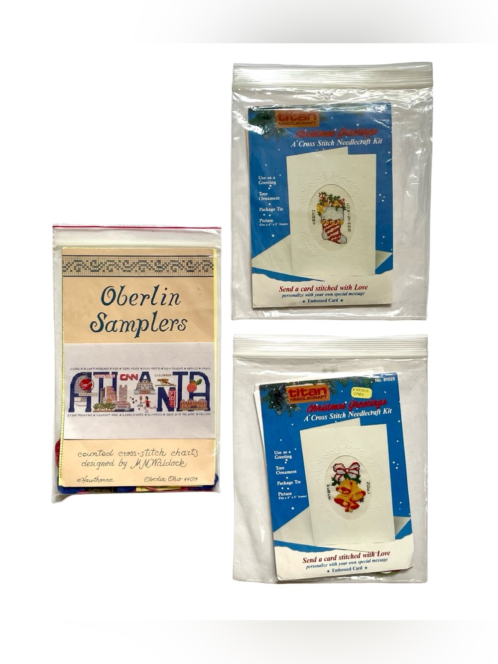 Vintage Cross Stitch Kit Lot Of 3 Oberlin Atlanta Titan Christmas Needlecraft